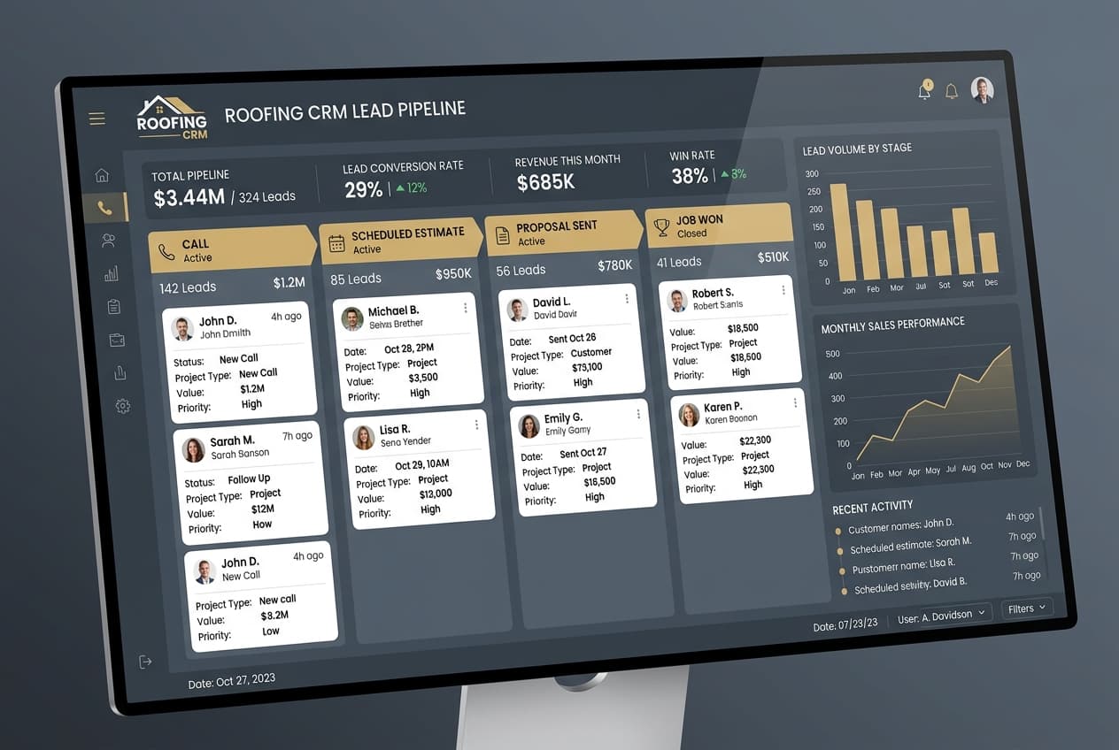 A modern software dashboard tracking contractor sales pipelines from initial call to closed job.