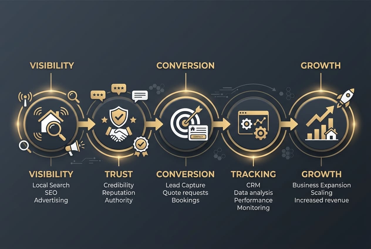 The 5 stages of an integrated contractor marketing system: Visibility, Trust, Conversion, Tracking, and Growth.