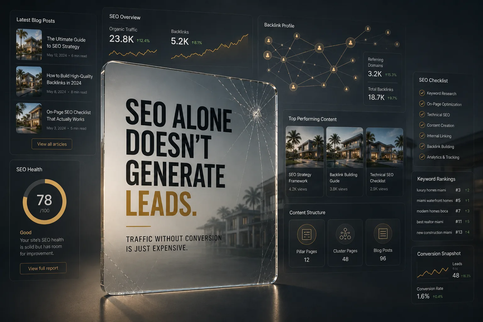 A premium contractor dashboard displaying live local SEO metrics, search visibility improvements, phone call tracking, and customer review requests.
